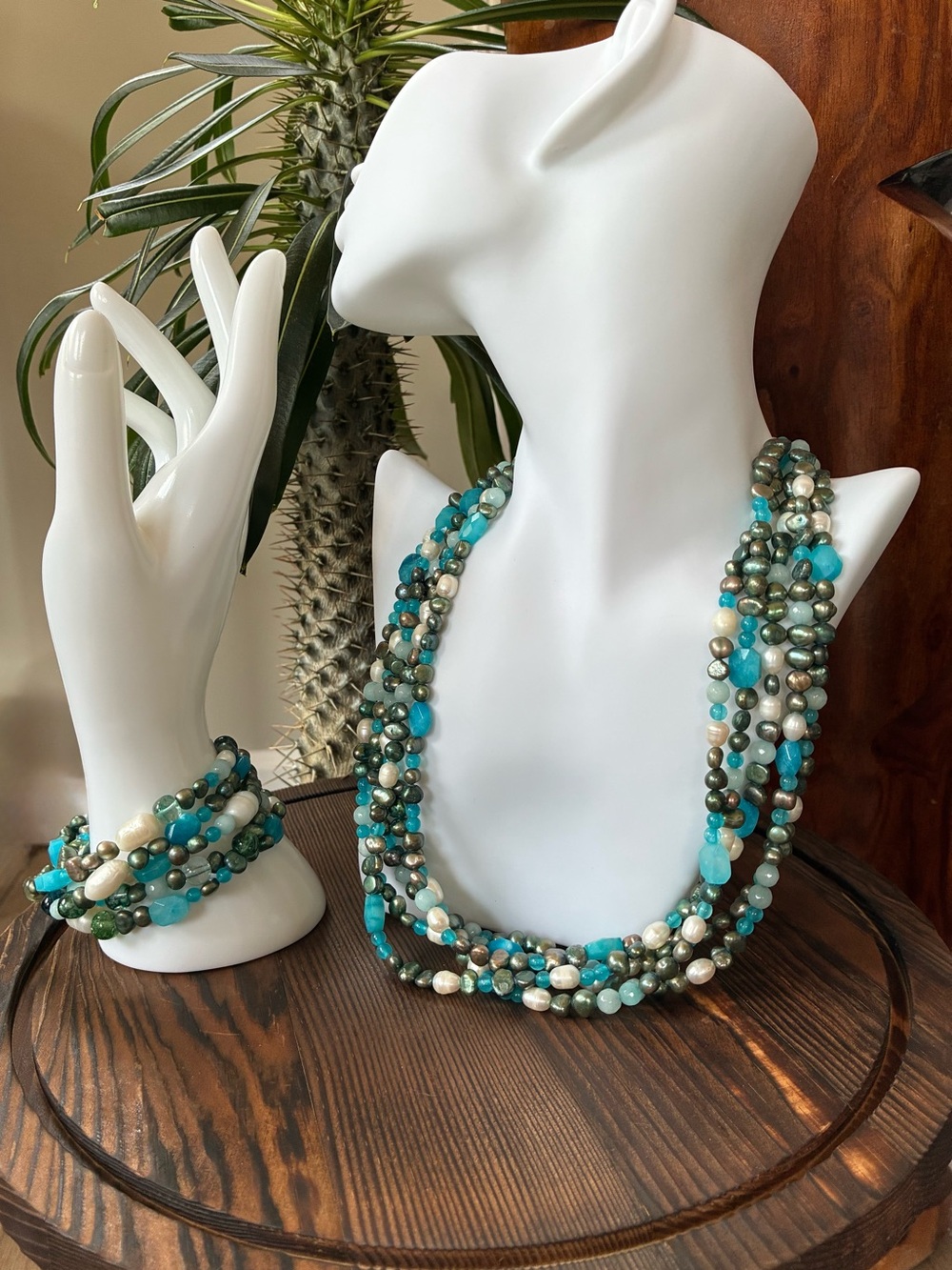 Beautiful Multi-Strand Turquoise And Freshwater Beaded Necklace & Bracelet Set